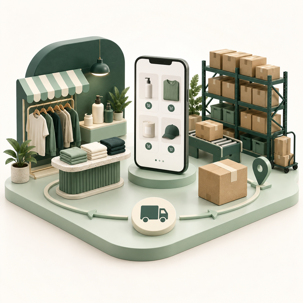 Illustrated commerce operation connecting products, inventory and sales