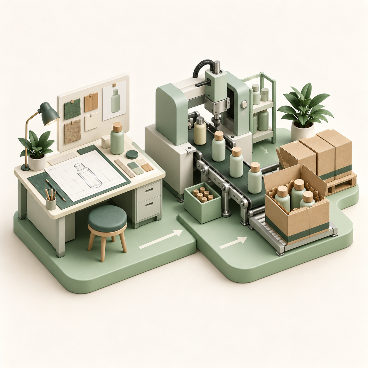 Illustrated planning workspace for products, purchasing and inventory