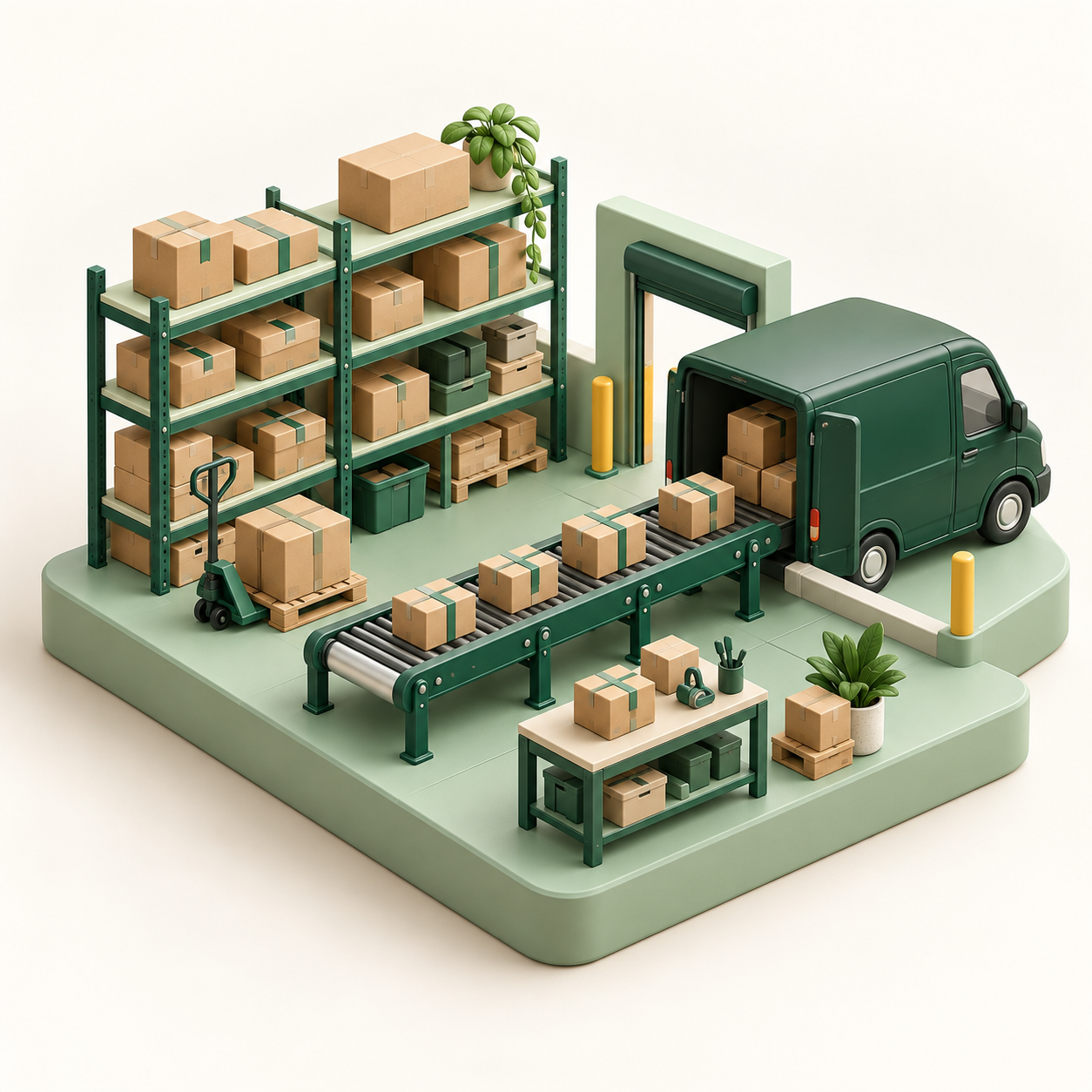 Warehouse shelves, packing conveyor and delivery van showing the order fulfillment journey
