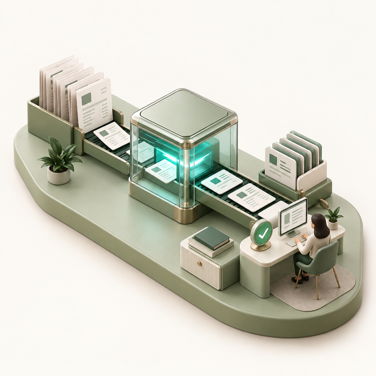 Isometric document automation studio with an AI processing cube, organised data and a human review station