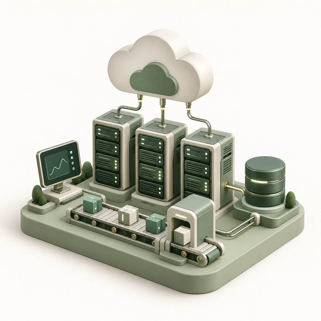 Miniature cloud infrastructure with server towers, deployment tracks and a monitoring screen