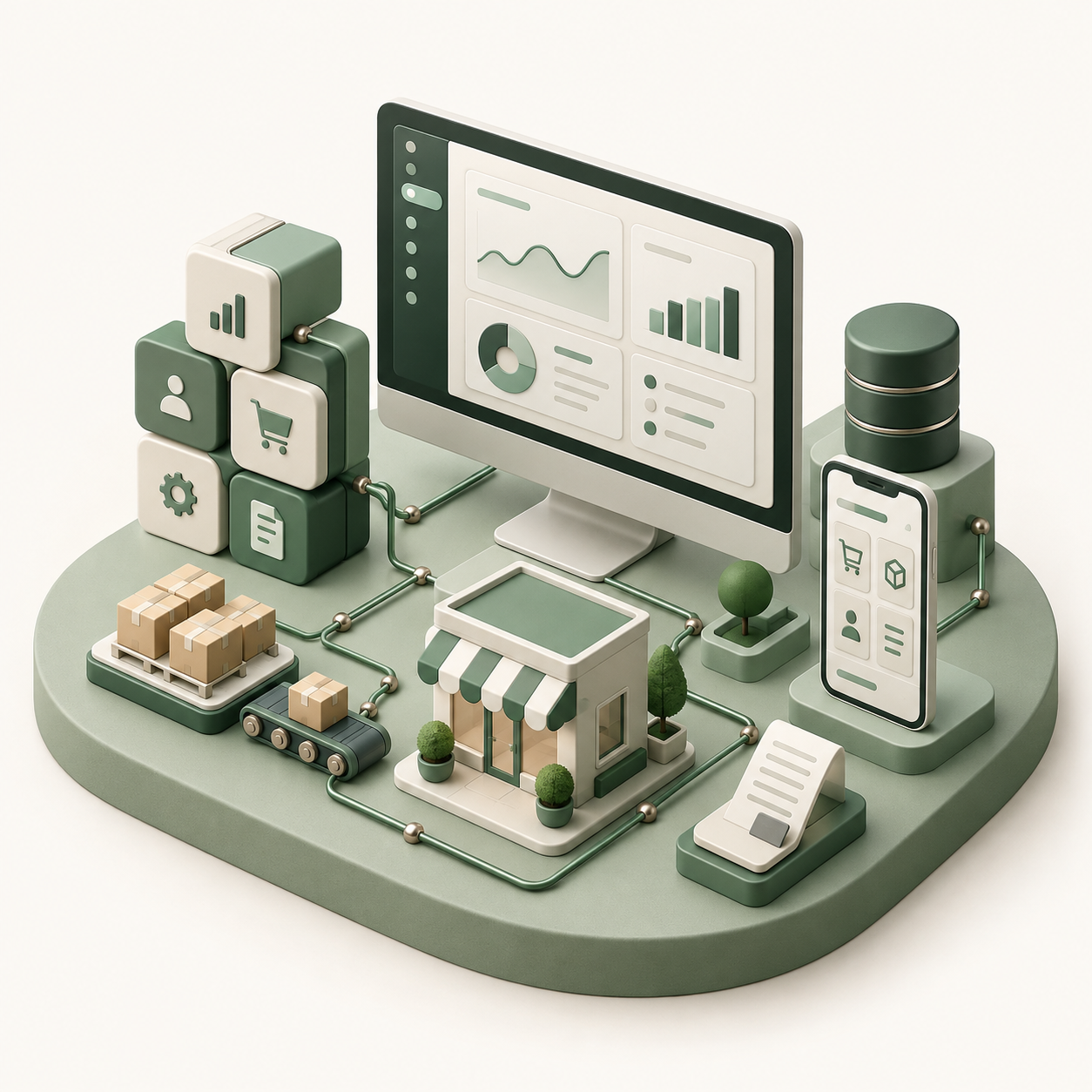 Sage green miniature of a custom software workspace with connected application modules and a customer portal