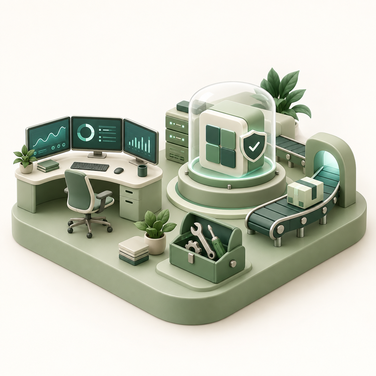 A software maintenance studio with system health monitoring, an application module and an update delivery track