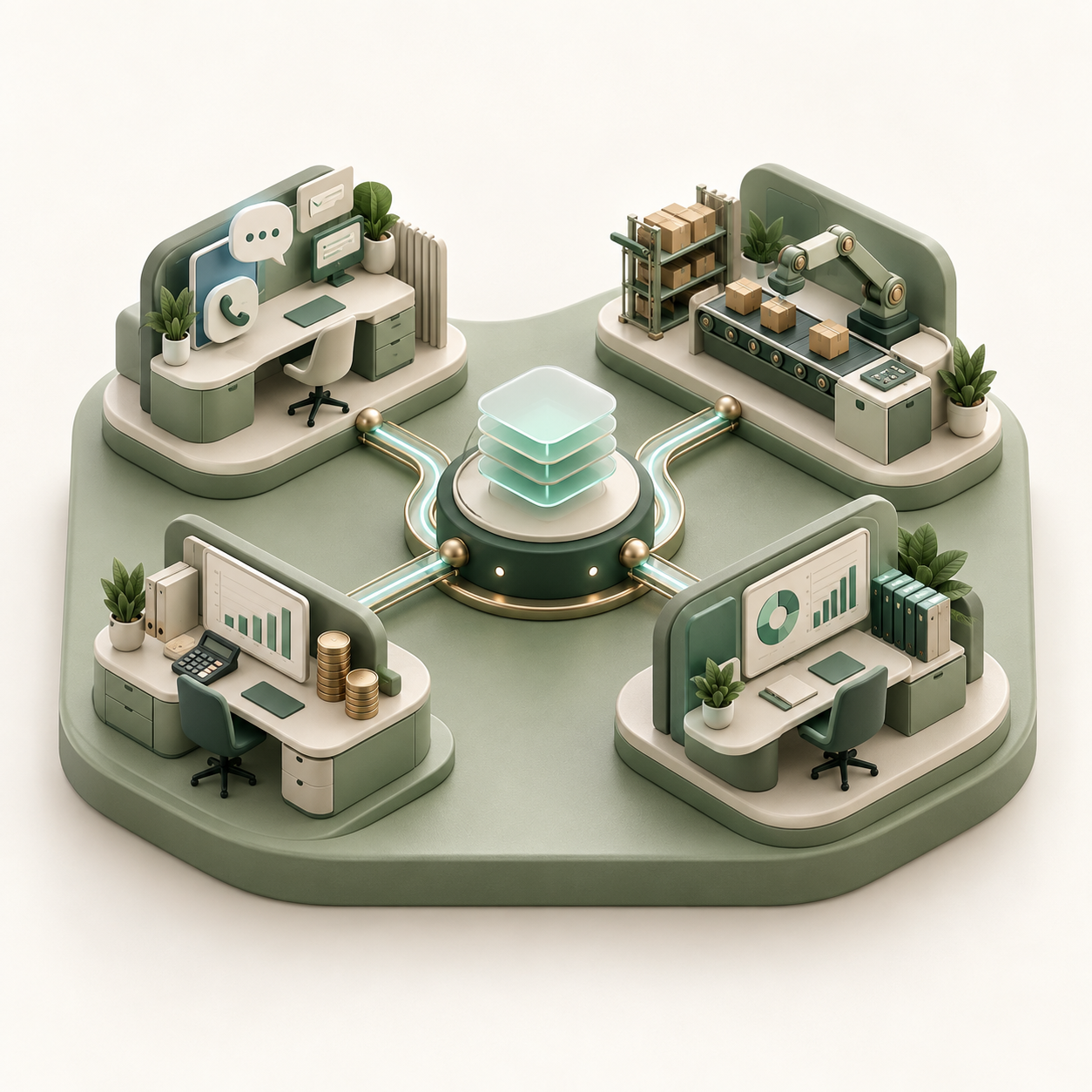 Four business workspaces connected around a central shared platform in a sage green architectural model